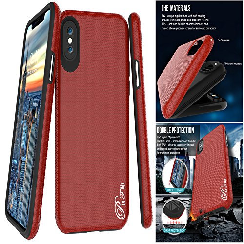 PIXFAB Apple iPhone X TEN Genuine Shock Proof Hard Back Phone Case Cover Carbon Design (DUAL LAYER) - Red + Screen Protector