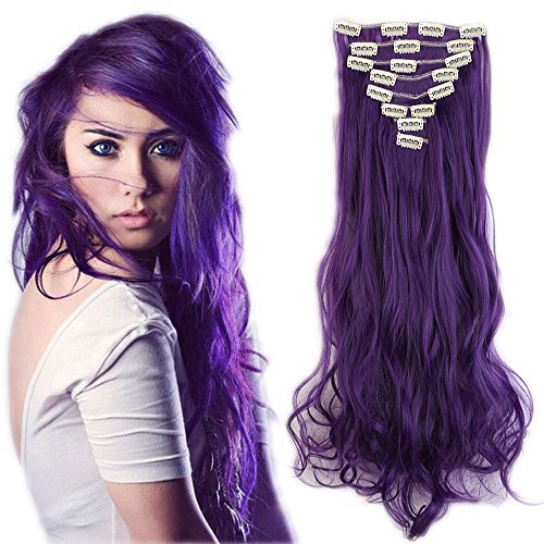 SEGO Clip in Extensions Haarverlängerung Haarteil 8 Tressen wie Echthaar gewellt Lila-blau 24(61cm)