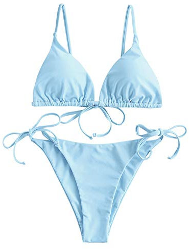 ZAFUL Damen Gepolstert Bikini Set, Einfarbig Bikini Badeanzug mit Dreieck Cup Spaghetti-Träger (Hellblau, L)