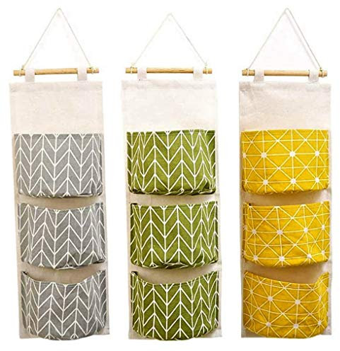 KAHEIGN 3 Piezas Colgar En Pared Bolsa De Almacenamiento, 60 x 20cm Apilable 3 Capas Bolsa Colgante - Impermeable Tela De Lino Organizador De Bolsillo Ancho para Dormitorio Baño Cocina