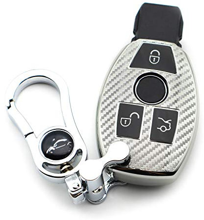 M.JVisun Auto Coques de Clés Pour Mercedes-Benz Classe A B Classe C E S G M V CLA CLS GLA GLC GLE GLK GL GLS SL SLK SLC Viano Pour Metris Souple Fibre de Carbone Sergé TPU Avec Métal Porte-clés-Argent