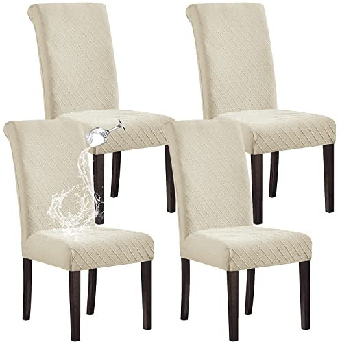 SHILV. HOME 100% Wasserdicht Esszimmer Stuhl Abdeckung Stretch Jacquard Parsons Stuhl Slipcover Abnehmbar Waschbar Stuhl Protector (Beige,Set of 4)