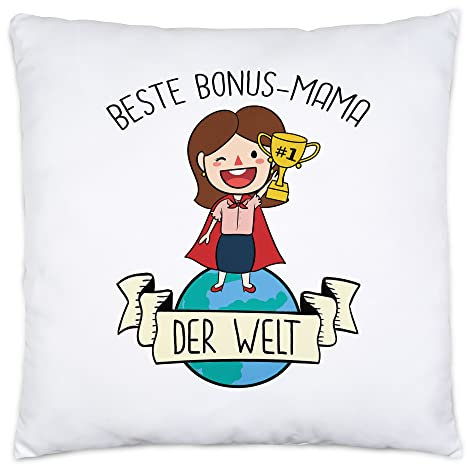 Hey!Print Beste Bonus-Mama der Welt Kissen Inkl. Füllung Mutterliebe Pokal Geschenkidee Muttertag Geburtstag