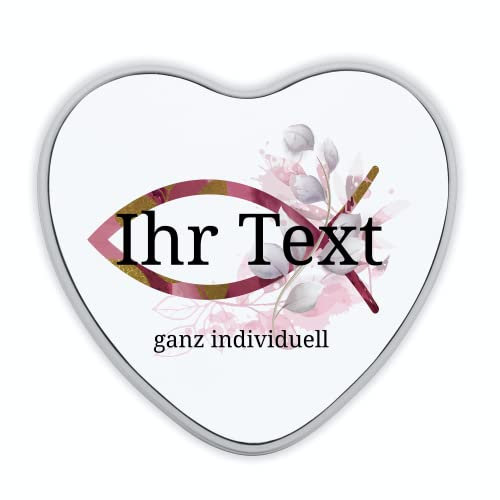 STEMPEL-FABRIK – personalisierbare Herzdose mit Name oder Wunschtext – Aquarell Motiv mit rotem Fisch – bedruckte Geschenkdose in Herzform – ideale Keksdose, Metalldose, Plätzchendose