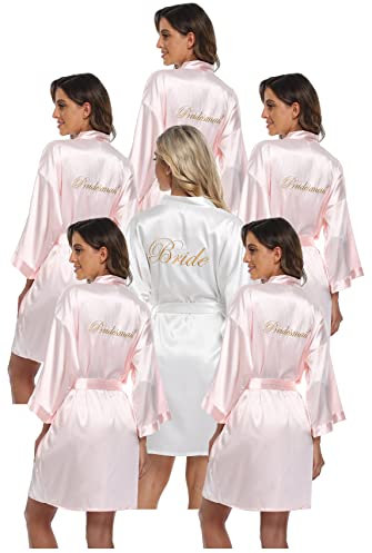 PENGEE Set di 6 accappatoi da donna in raso per festa di nozze set sposa damigella d'onore kimono set addio al nubilato Prepararsi Accappatoio setoso, Rosa e bianco, taglia unica