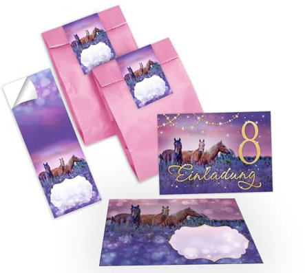 Junapack 12 Einladungskarten zum 8. Kindergeburtstag achte Geburtstag Mädchen Pferd Pferde incl. 12 Umschläge, 12 Tüten/rosa, 12 Aufkleber