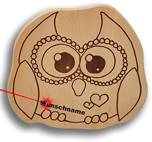 DEKOFANT Frühstücksbrettchen Kinder mit Gravur personalisiert Holz Brett Motiv Eule Vogel Frühstücksbrett Kinder ca 28x26x1,5cm
