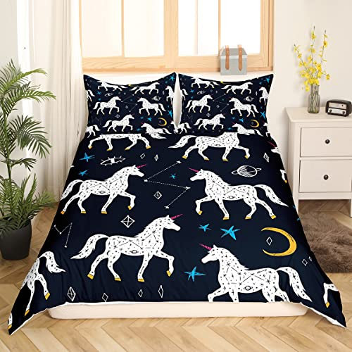 Einhorn Bettwäsche 155 x 220 Mädchen Magic Weiß Pferd Bettwäsche Set für Kinder Trippy Galaxy Bettbezug Sternenhimmel Bettbezug Astrologie Dekor Bettwäsche Set Schwarz Weiß Schlafzimmer Dekor