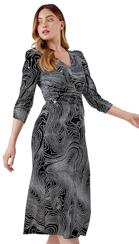 Roman Originals Glitter Marble Print Ruched Velvet Dress for Women UK - Ladies Everyday Holiday Autumn Winter V Neckline 3/4 Sleeves Comfy Soft Evening Vacation Work Party - Silver - Size 12