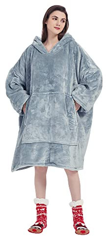 1ABOVE 90CM Oversized Sherpa Hoodie Blanket for Men & Women, Ultra Soft Warm Cosy Wearable Sweatshirt Hoodie with Sleeves and Big Pocket (LIGHT GREY)