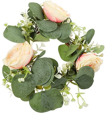 Garneck Kerzenringe Rose Eukalyptus Kerzenkranz Frühlingskranz Kerzen Kranz Ringe Dekokranz Weidenkranz Blumenkranz Hochzeit Kerzenhalter für Stumpenkerzen Stabkerzen Landhaus Deko