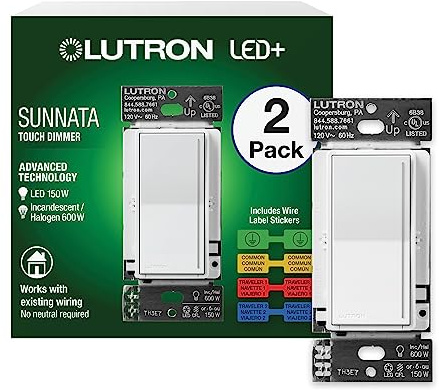 Lutron Sunnata Touch Dimmer Switch, LED+ Advanced Technology for LED and Incandescent, 3 Way/Multi Location, STCL-153MS-WH-2, White, 2 Pack