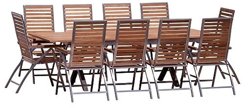 ALEOS. Gartengarnitur Edelstahl Teak Set: Ausziehtisch 200-260x100 cm + 10 Hochlehner, Sitzgruppe A-Grade Holz - Serie Nassau - Gartenmöbel Set 10 Personen Gastronomie Qualität