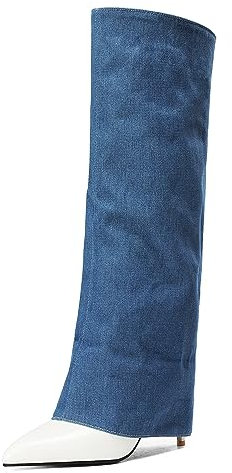 Roimaash Moda Jeans Fold Over Stivali Knee High Donna Tacchi a Spillo Alti Denim Stivali Cowgirl Slouch Wide Calf Shark Stivali Blue Plus Size 44