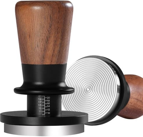 PUSEE 53,3 mm Espresso-Tamper, kalibrierter Kaffeestampfer mit 13,6 kg Doppelfederbelastetem Walnussholz, Kaffeestampfer für Barista, Zuhause, Edelstahl-Basis, Tamper Espresso-Werkzeug, passend für 54