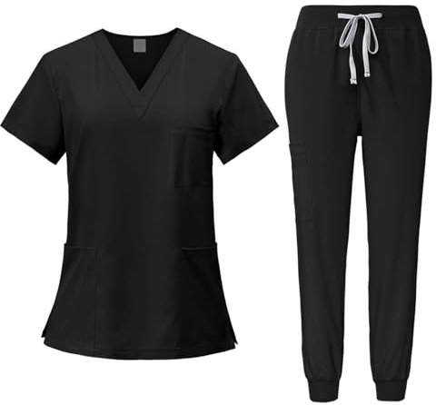 Baoblaze Women Uniform Scrubs Set Top and Pants Durable V Neck Comfortable with Pockets Work Clothing Nurse Workwear for Beauty Center, Black, L