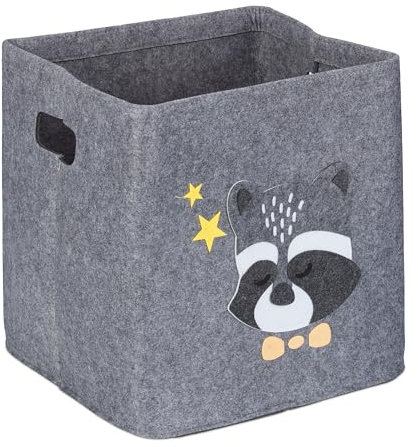 Relaxdays Aufbewahrungsbox Waschbär, Stoffbox für Kinder, aus Filz, faltbar, Spielzeugbox, HxBxT: 33 x 33 x 33 cm, grau