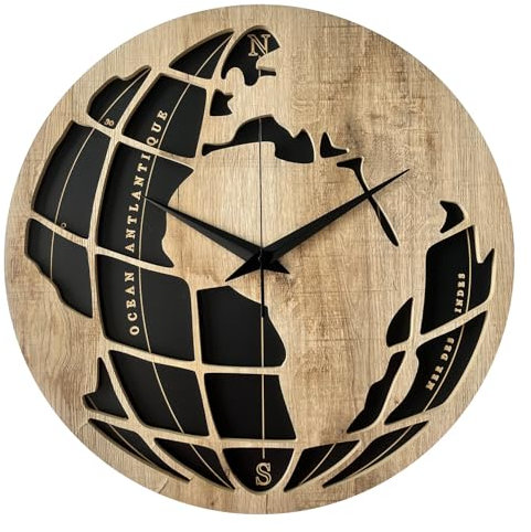 STYLER Wanduhr Oliver 57 cm | Lautlose Uhr aus Holz Made in EU - inklusive Wandaufhängung - Wanduhr ohne Tickgeräusche mit Metallzeiger | Wohnzimmer Schlafzimmer Weltkarte | Loft Modern Minimalismus