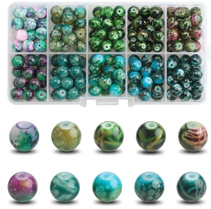 Perles Pierre Naturelles,200 Pièces 8mm Perles Rondes de Verre Craquelé Colorées Perles en Vrac Naturelles pour DIY Bracelet Colliers Fabrication Bijoux (Série Dégradé Bleu)