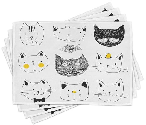 ABAKUHAUS Katze Platzmatten 8 Stück, Lustige Skizze mit Schnurrbart Fliege Hut Fisch Spaß Motiven Muster, Waschbare Stoff Esszimmer Küche Tischdekorations Digitaldruck, Gelb Schwarz