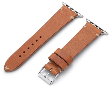 MANUFAKTURWERK Armband ST. Pauli | kompatibel mit Apple Watch 1-9, SE | Leder | für Damen und Herren | Sport | Cognac, Größe:M (Standard). 42 mm / 44 mm / 45 mm, Farbe:Edelstahl