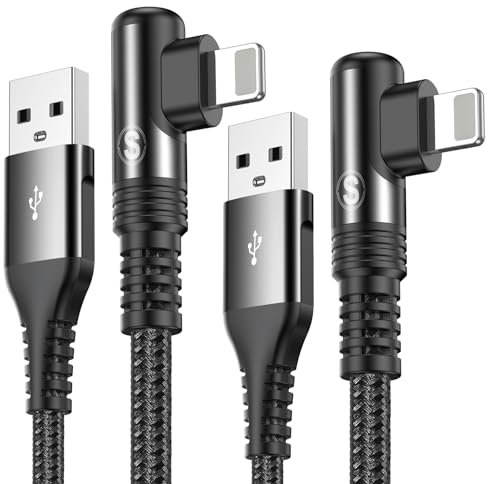 SWECENT Câble i Phone,Coudé 90 Degrés [3m/Lot de 2] cable Chargeur i Phone Nylon Tressé Câble Charge Rapide pour i Phone 14/13/12/11/Pro/X/XS/XR/8/8 Plus/7/7 Plus/6s/6s Plus/6/6 Plus-noir