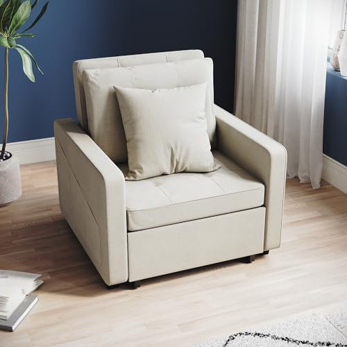 ZANOFIRA 3-in-1 Single Sofa Bed, Pull Out Convertible Sleeper Chair Bed with Adjustable Backrest, Pillow, Side Pockets, Breathable Linen Guest Bed for Living Room, Bedroom, Cream White