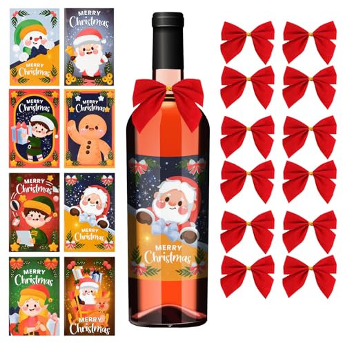 HONXUN Weihnachtliche Flaschenetiketten und rote Schleifen, 8 Aufkleber und 12 Schleifen für Wein- und Spirituosenflaschen Etikett