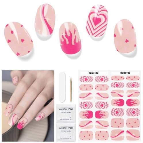 Semi Cured Gel Strips, 28 pcs Work with Any UV Lamp, Long Lasting Stickers Full Wraps, Salon Quality Heart Stickers for Valentines Day (Love Heart)