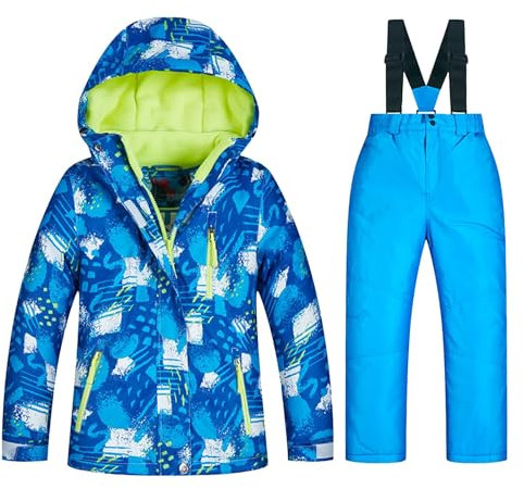 Ensemble de Ski Enfant Fille Garçon Veste de Ski Snow avec Salopette Matelassé Combinaison de Ski Neige Snowboard Imperméable Coupe-Vent Combinaison de Ski pour Enfant,3-12ans