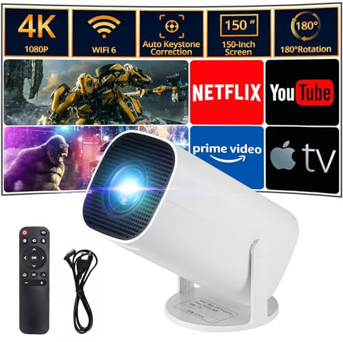 Mini Projector with WIFI 6 and Bluetooth, Portable Projector 4K 1080P Support, 150'' Smart Projector, 180°Rotating, Android 11 Projectors for Home Outdoor Movie, White