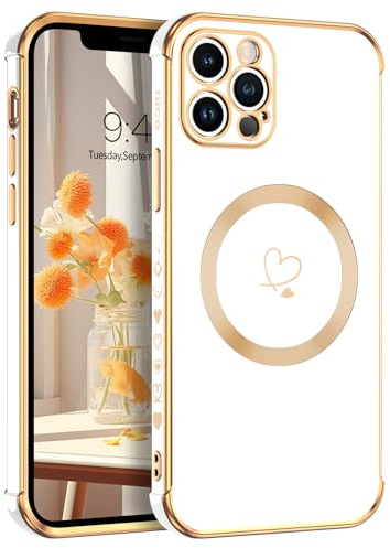 Telaso Magnetische Hülle für iPhone 12 Pro Max, Handyhülle für iPhone 12 Pro Max Niedliches Herz Muster [ Kompatibel mit MagSafe ] Weiche Plattierung Abdeckung für Frauen, Schutz der Kamera, Weiß
