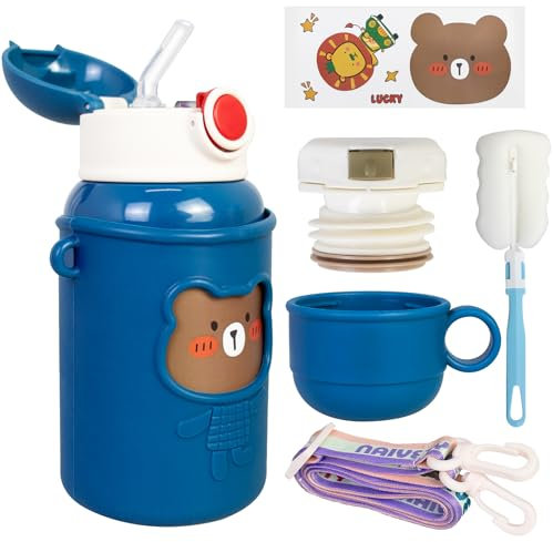 450ml Kids Stainless Steel Insulated Water Bottle Set, Bear Pattern Cute Double Wall Stainless Steel with Straw, Reusable Metal Vacuum Small Flask with Bottle Brush for Kids School Girls Boys