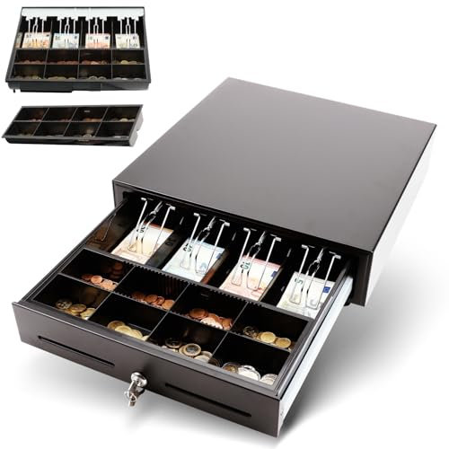 Olympia LD 410AT Kassenschublade | Geldkassette abschließbar mit Einwurfschlitz | RJ12-kompatibel | 8 Münz- & 4 Scheinfächer + Halteklammern | Metallgeldbox für Handel & Gastronomie | 41,5x41x10,4 cm