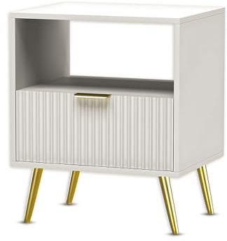 Free Standing White Wooden Chic Fluted Bedside Sofa End Table Nightstand With Metal Golden Legs & Drawer For Bedroom Living Room Home