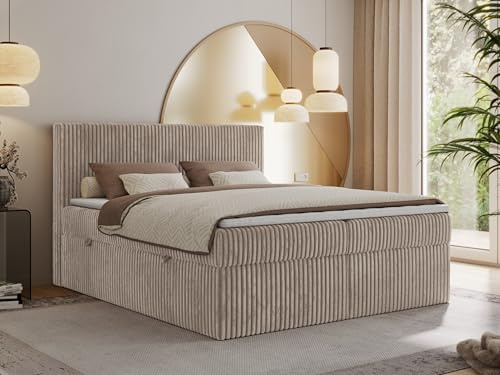 MKS MEBLE Boxspringbett 140x200 Hellbraun Cord, Boxspringbett mit Matratze H3 + Topper T25, Bett mit Bettkasten and Kopfteil, Doppelbett mit Stauraum Polsterbett - Tiliano