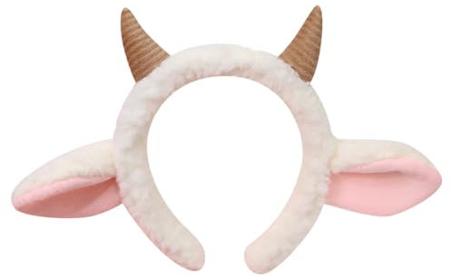 JIHUOO Bandeau avec oreilles de mouton en peluche et cornes de chèvre - Serre-tête avec oreilles d'animaux mignonnes - Serre-tête avec oreilles d'agneau - Accessoire de cheveux doux pour femme et