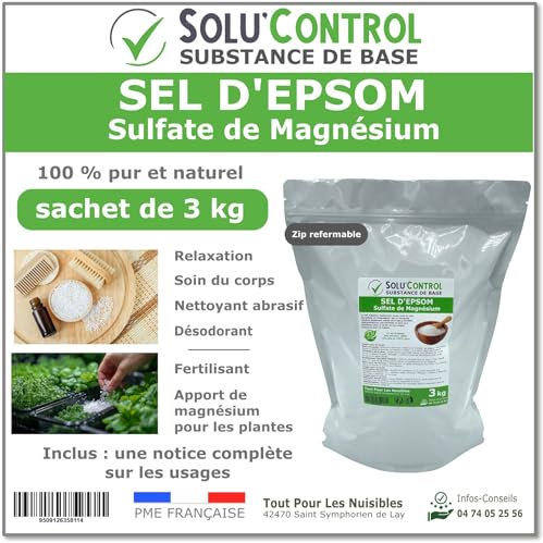 Sel d'Epsom 3 kg - Solu'Control - Sulfate de Magnésium 100% Pur et Naturel - Relaxation, Soin du Corps, Déodorant, Fertilisant et Apport en Magnésium pour Plantes - Sachet avec Zip Refermable