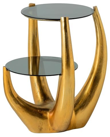 Riess Ambiente Handgefertigter Beistelltisch Levels - 50cm - Gold antik - Schwarzglas schwarz Metall Zwei Tischplatten Couchtisch Ablage