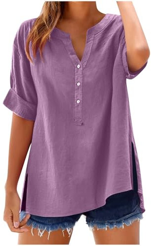 Womens Tops Cotton Linen Shirts Summer V Neck Button Up Short Sleeve Ladies Blouse T-Shirts Solid Color Work Casual Oversized Loose Blouses Daily Women Top Cloth Sale UK Plus Size 14 16 18 22 Purple