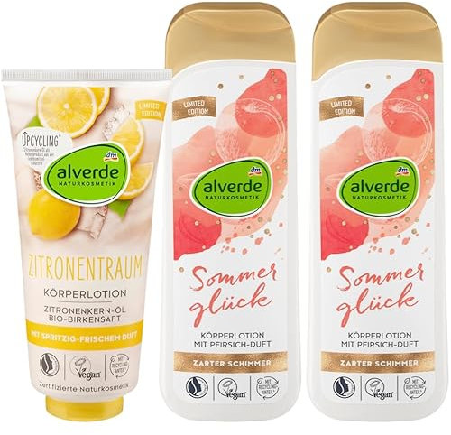 alverde NATURKOSMETIK 3er-Set Hautpflege: Körperlotion ZITRONENTRAUM mit erfrischendem Zitronenduft, 200 ml + Schimmerlotion SOMMERGLÜCK feuchtigkeitsspendend mit zartem Schimmer, 2 x 250 ml (700 ml)