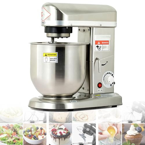 Batidora de pie comercial, tazón de acero inoxidable, batidora eléctrica de cocina de alta resistencia con 3 velocidades ajustables, batidor de gancho para masa incluido, acero inoxidable, 7 l