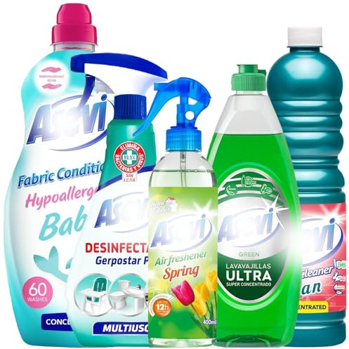 5 Piece Household Spanish Cleaning Products Bundle Giftset with Spring Fresh Air Freshener 400ml, Washing Up Liquid 650ml, Multipurpose Disinfectant 750ml, Cian Floor Cleaner 1L, Baby Fabric Softener