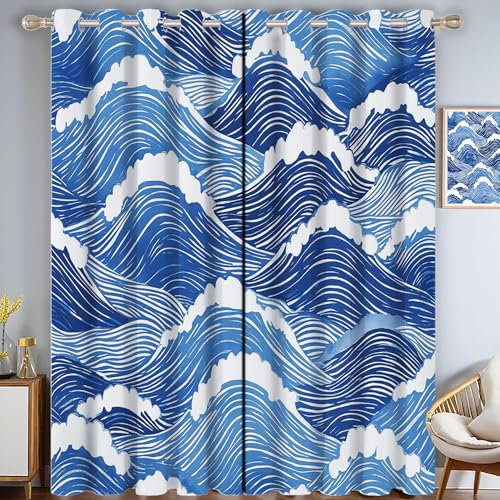 Rideaux avec Motif Japonais Vague, Doux Opaque Rideau Bleu à Oeillet, Thermiques et isolants, Rideau Fenetre Traditionnel Art Chambre Salon Intérieurs, 2 Panneaux 140L X 175H cm