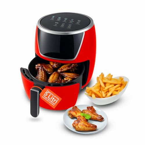 Avilia - Friggitrice ad Aria 5 Litri con LED Touch, Timer 60 Minuti, Spegnimento Automatico, Cottura Senza Olio Rapida e Uniforme per Ricette Croccanti in Famiglia (Rosso)
