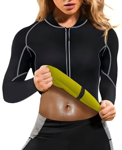 Vetement de Sudation Femme Gilet Sauna Fitness Sport Transpiration Néoprène T Shirt Manches Longues Zippé Survêtement Minceur Amincissante Ventre Plat Veste (B, L)