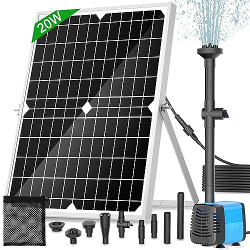 Solar Pond Pump, 20W Solar Fountain Pump with 1325 L/h Flow, 16.5Ft Extendable Power Cord, 4 Spray Styles & Debris Barrier Bag – Perfect for Ponds & Water Features
