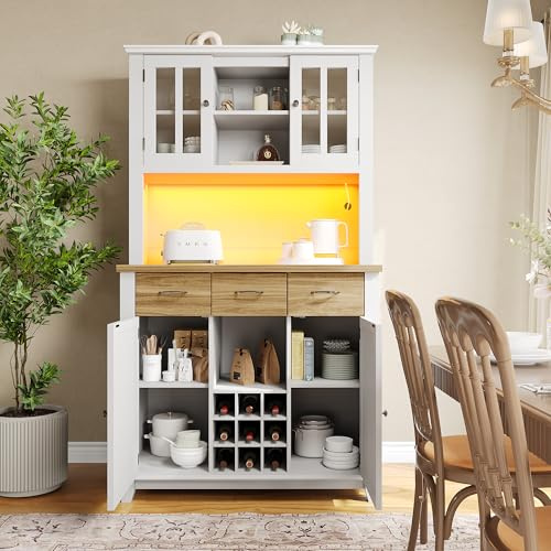 HaoChrymec Haut Sideboard De Cuisine 106x40x179.5 cm en MDF, Buffet avec Éclairage LED, Étagères Réglables, Vitrine Moderne, Meuble De Rangement, Blanc avec Tiroirs Bois