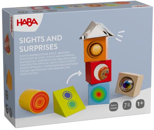 HABA Entdeckerbausteine Optik – 7 Holzbausteine mit Effekten ab 1 Jahr | Mit Spiegel, Prisma & farbiger Linse fördern diese Bausteine spielerisch die Feinmotorik