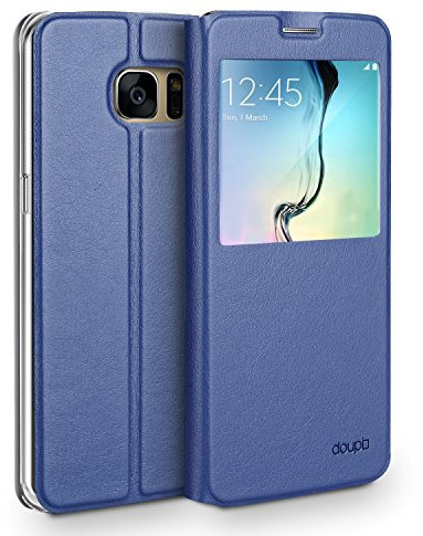 doupi FlipCase für Samsung Galaxy S6 Edge, Deluxe Schutzhülle mit Sichtfenster Magnet Verschluss Klappbar Book Style Aufstellbar Ständer, dunkel blau